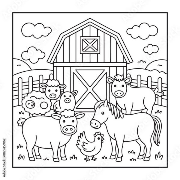 Obraz Farm Animals Coloring Page: A charming coloring page features a collection of adorable farm animals gathered in front of a classic barn, ready for creative expression.