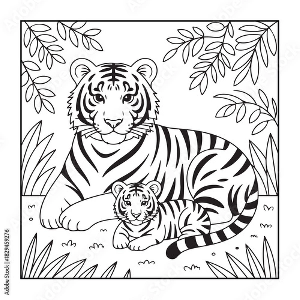 Obraz Striped Tiger's Tender Moment: A striking illustration of a tigress and cub, evoking the raw beauty of the animal kingdom.