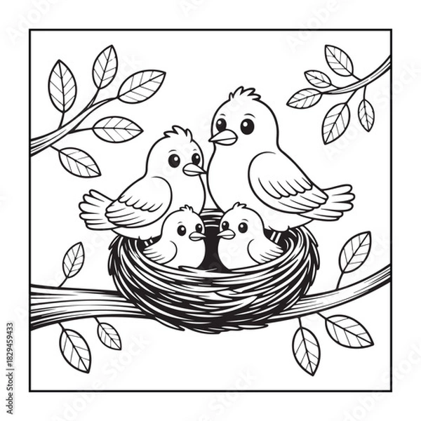 Obraz Nesting Birds in Tree: A charming illustration showcases a bird family, nestled comfortably in their nest, surrounded by lush foliage, evoking a sense of tranquility and the beauty of nature.