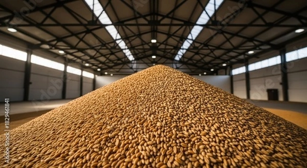 Fototapeta Pile of wheat seeds stored inside a large warehouse building