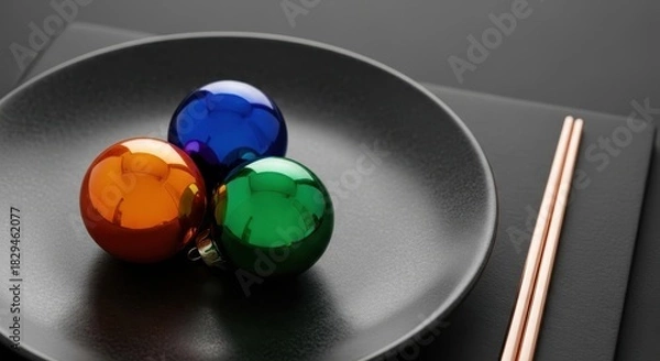 Fototapeta Shiny Christmas Ornaments on a Black Plate