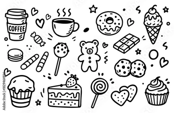 Fototapeta Hand-drawn dessert doodle set. sweet sketches of cakes, pastries, donuts, waffles, ice cream, candy, chocolate.
