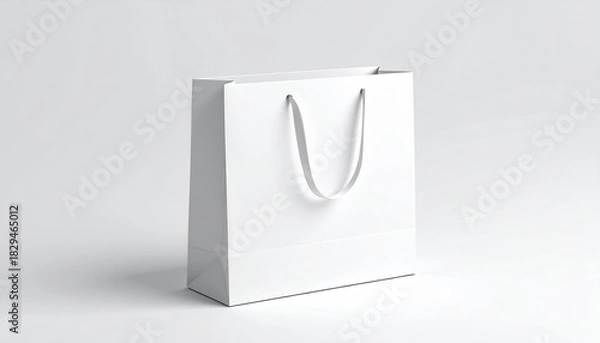 Fototapeta Blank white paper bag mockup with thin silk handle open, isolated, 3D rendering