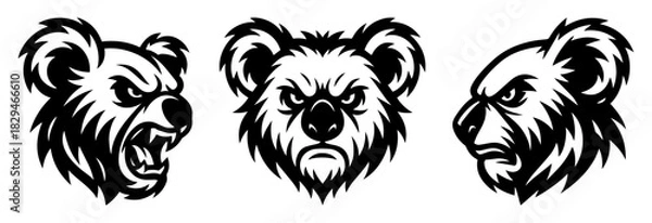 Fototapeta Stylized Koala Head Illustrations in Bold Black and White – Powerful Animal Graphics Featuring Roaring, Stern, and Intense Expressions for Mascots, Emblem, Logos, Tattoos, and Modern Branding Concepts