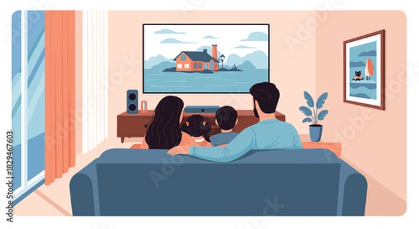 Fototapeta Family enjoying a movie together on the couch in a modern living room.