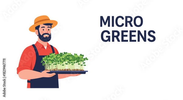 Fototapeta Illustration of a farmer holding a tray of microgreens with the text \.