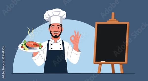 Fototapeta Chef proudly presents a delicious salmon dish with a side of vegetables and gives an ok sign.