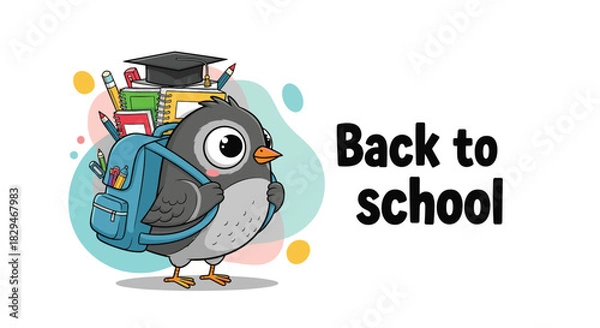 Fototapeta Cute cartoon bird with a backpack full of school supplies ready to go back to school.