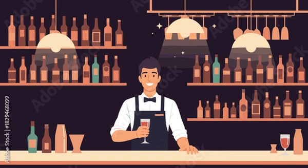 Fototapeta Smiling bartender in an apron holding a glass of red wine at a bar with bottles on shelves.