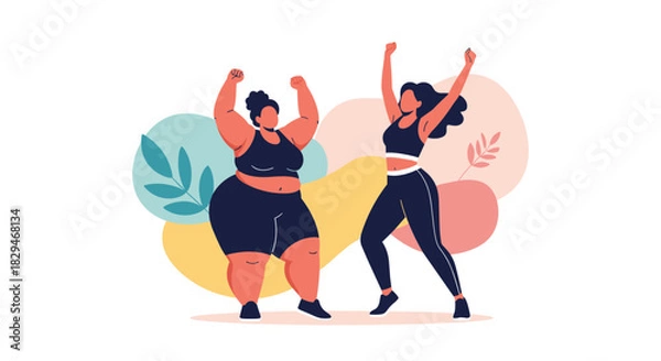 Fototapeta Two women of different body types celebrating with arms raised in a fitness or wellness concept.