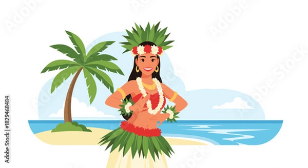 Fototapeta A hula dancer performs on a tropical beach with palm trees and the ocean in the background.