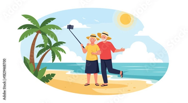Fototapeta Elderly couple enjoys a sunny day at the beach taking a selfie together.