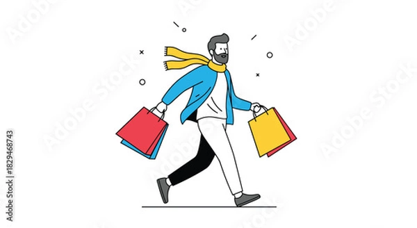 Fototapeta Man with beard and scarf happily carries shopping bags in each hand.