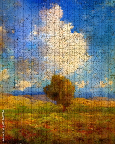 Obraz Impressionist landscape artwork transformed into detailed jigsaw puzzle texture, vibrant countryside scene with blue sky, clouds and lone tree rendered in colorful painterly style
