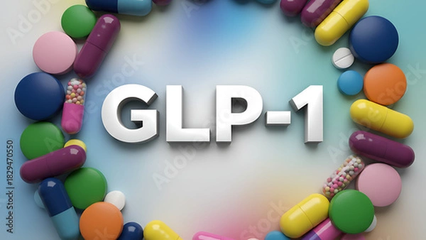 Fototapeta Colorful pills around glp-1 text symbolizing glp1 medications 11499301 1