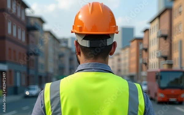 Obraz Construction worker in reflective vest and safety helmet Generative AI image. High quality