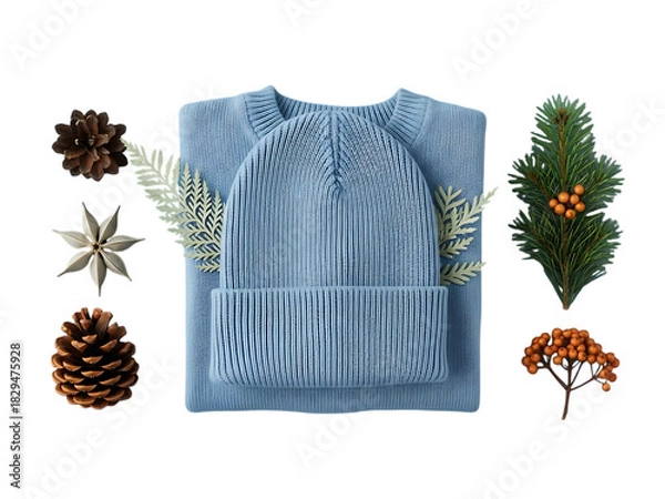 Obraz Flat lay of blue knitted winter hat and sweater with pine cone, fir branch, and berry decoration isolated on transparent background