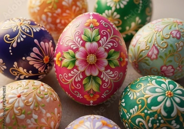 Fototapeta Colorful decorative Easter eggs arranged on a table showcasing intricate floral designs during spring celebrations