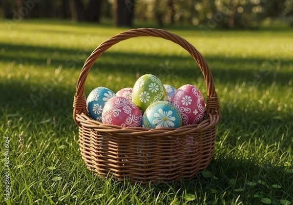 Fototapeta Colorful decorated Easter eggs in a wicker basket on green grass during spring afternoon