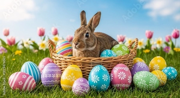Fototapeta Colorful Easter celebration with a rabbit in a basket surrounded by decorated eggs in a sunny garden