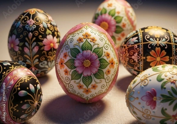 Fototapeta Colorful decorative eggs displayed on a soft surface for a festive celebration in springtime