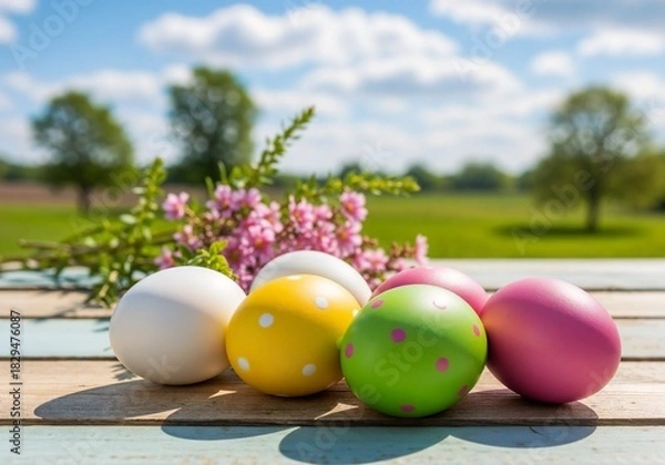 Fototapeta Colorful Easter eggs arranged on a wooden table with flowers and a sunny landscape in the background