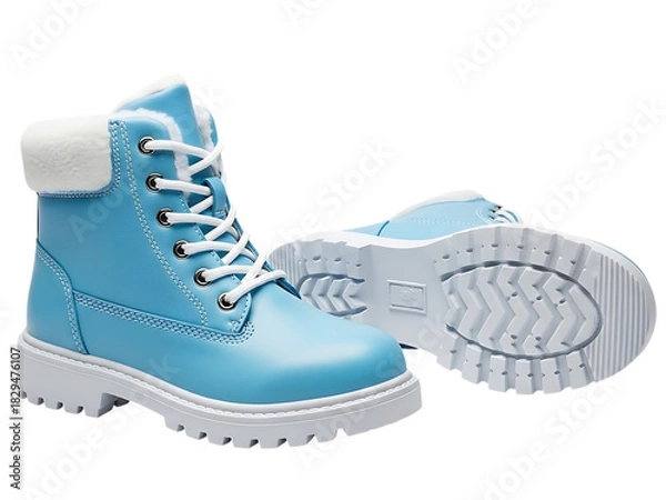 Obraz Pair of bright light blue winter snow boots with white fur trim and thick white sole, isolated on transparent background