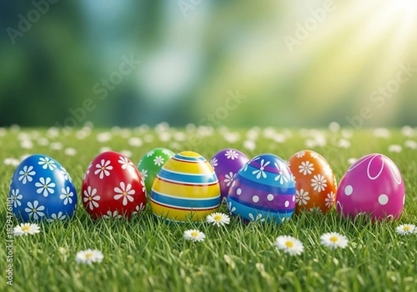 Fototapeta Colorful Easter eggs on green grass during bright spring day