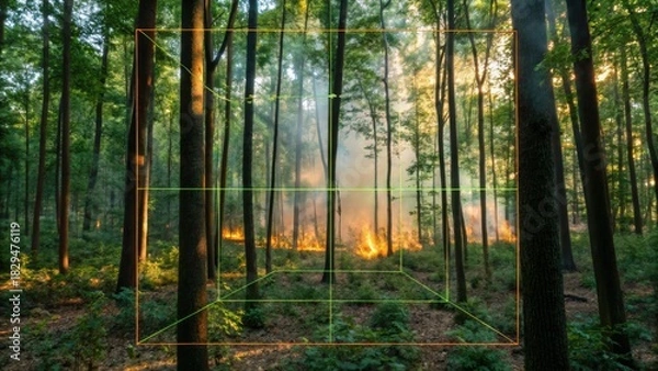 Obraz A forest scene shows smoke and flames, indicating a fire, with trees and green foliage surrounding the area.