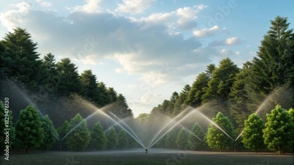 Obraz A serene landscape featuring lush trees and sprinklers watering the greenery under a clear blue sky.