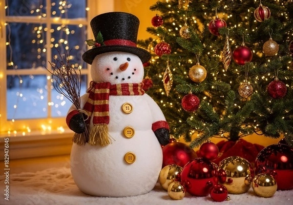 Fototapeta Snowman stands beside a festive Christmas tree adorned with colorful ornaments and lights in a cozy holiday setting