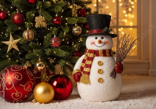 Fototapeta Festive snowman stands by a decorated Christmas tree with colorful ornaments and warm lights in a cozy indoor setting
