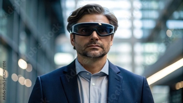 Obraz A professional man wearing smart glasses in a modern, bright environment, showcasing advanced technology and innovation in business.