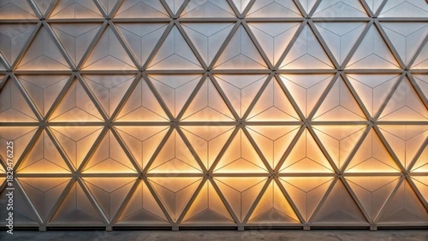 Obraz A geometric wall featuring triangular patterns illuminated by warm lighting, showcasing modern architectural design elements.