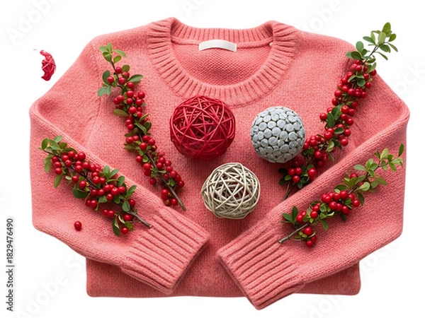 Obraz Cozy pink knitted sweater decorated with bright red winter berries and decorative twine balls for a festive holiday flat lay isolated on transparent background
