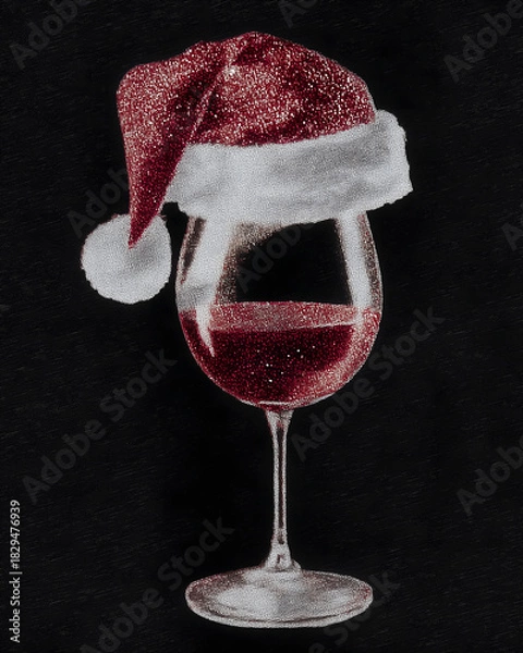 Obraz Festive Christmas illustration of a sparkling red wine glass wearing a glittery Santa hat, holiday themed graphic with shiny textured details on a dark background for seasonal designs
