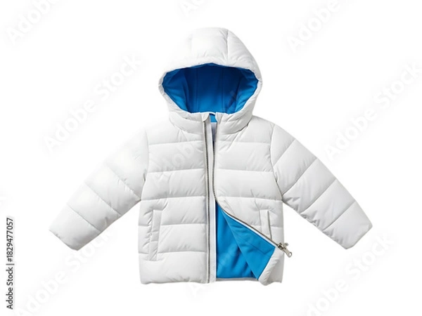 Fototapeta White puffer jacket for child with bright blue lining and hood, isolated on transparent background