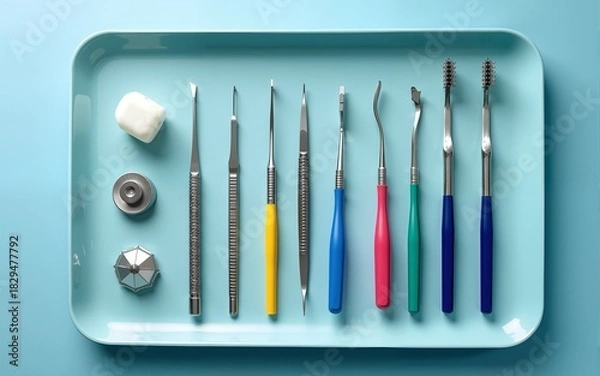 Fototapeta Dental hygienist tools laid out on a tray. High quality