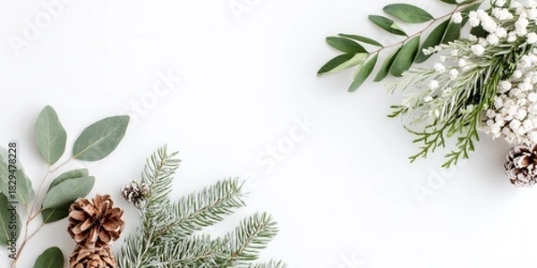Fototapeta White background with a green leaf and a pine cone