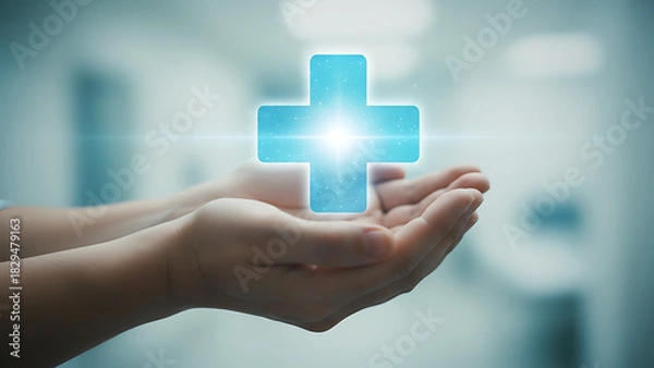 Fototapeta Hands holding a glowing medical cross symbolizing health insurance and welfare access 10703567 1
