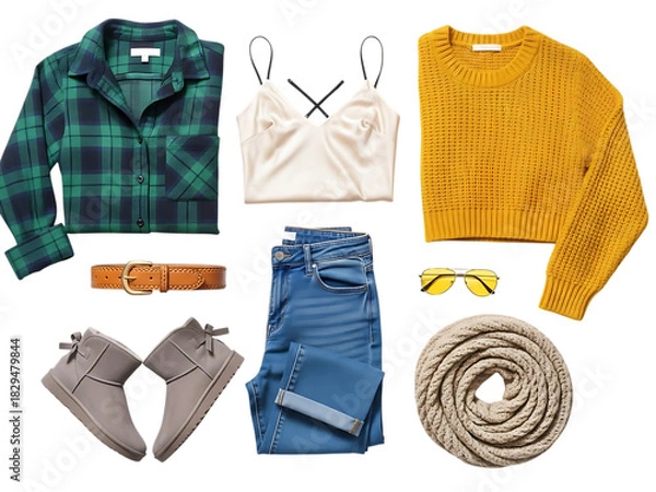 Obraz Flat lay of cozy autumn womens casual outfit featuring plaid shirt, yellow sweater, jeans, boots, belt, and sunglasses isolated on transparent background