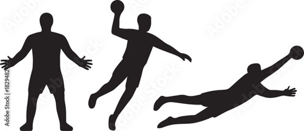 Fototapeta Silhouette of three handball players in action throwing, catching, and defending 