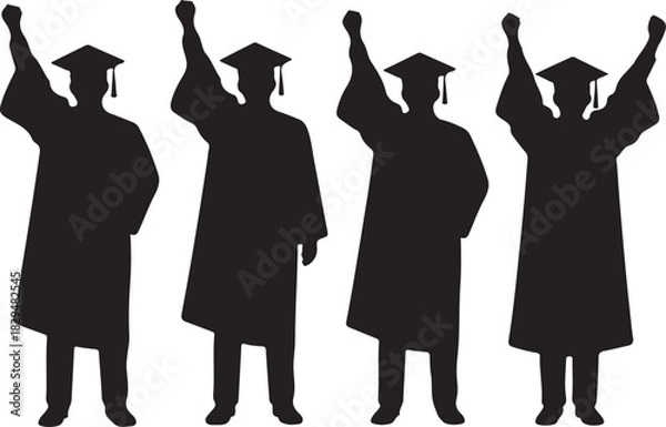 Fototapeta Four graduates in silhouette, fists raised in triumph, celebrating graduation day success.