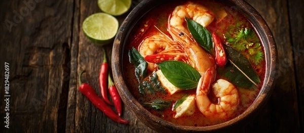 Fototapeta Authentic Thai Tom Yum Soup with Shrimp, Lemongrass, and Chili Peppers in Rustic Bowl on Wooden Table

