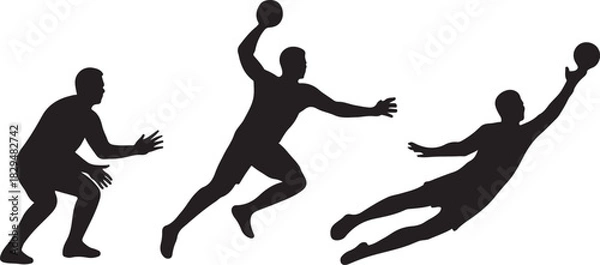 Fototapeta Silhouette of three handball players in action with a ball on a white background