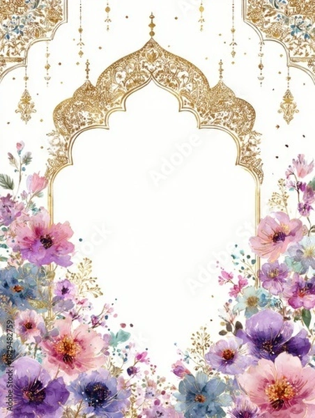 Fototapeta Ornate Gold Arch with Vibrant Floral Border on White Background for Elegant Design and Decoration