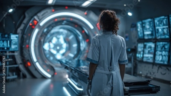 Fototapeta Scientist in Futuristic Laboratory Analyzing Data on Advanced Technology Screens with High-Tech Equipment