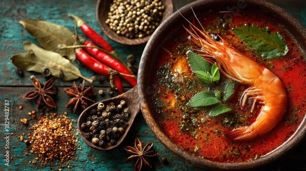 Fototapeta Delicious Spicy Shrimp Soup with Herbs and Spices in Rustic Wooden Bowl on Vintage Table