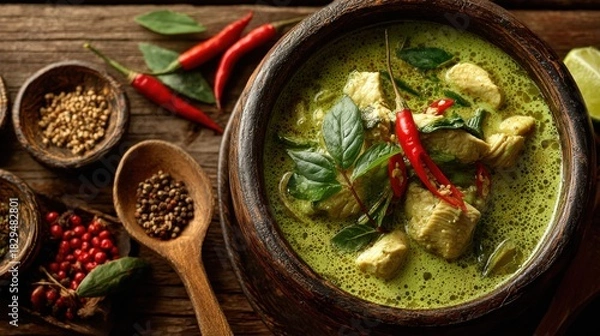 Obraz Authentic Thai Green Curry with Chicken in Rustic Bowl Garnished with Fresh Herbs and Red Chili Peppers on Wooden Table

