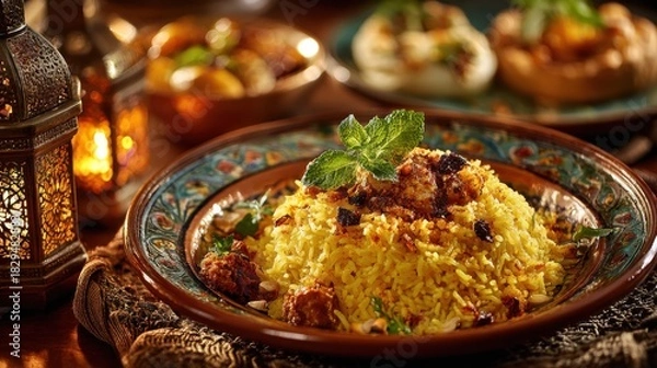 Fototapeta Delicious Traditional Biryani Dish with Aromatic Spices and Fresh Herbs in Rustic Setting